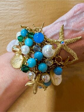 Gold tone Starfish theme Charm Bracelet with Turquoise Beads Pearls & blue beads
